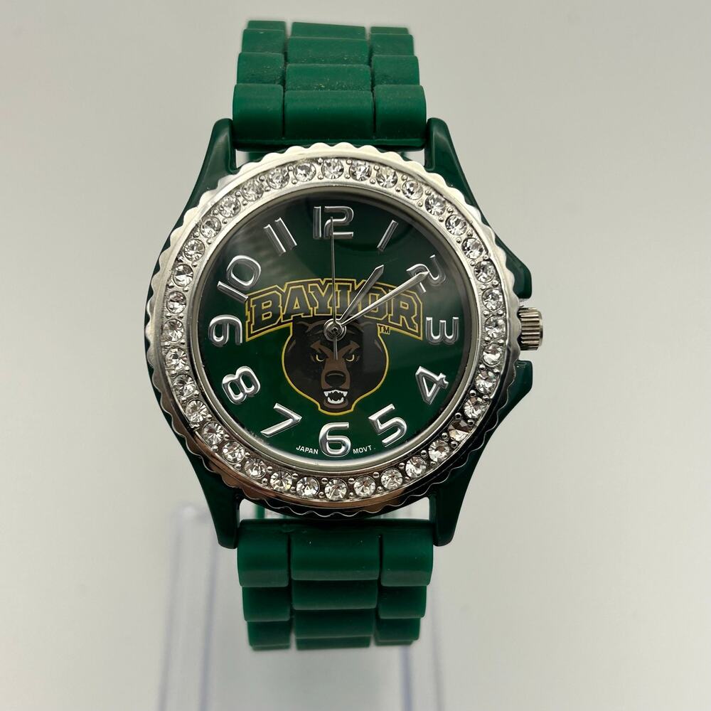 Green Baylor Bears Silicone Watch featuring a Rhinestone Bezel Working